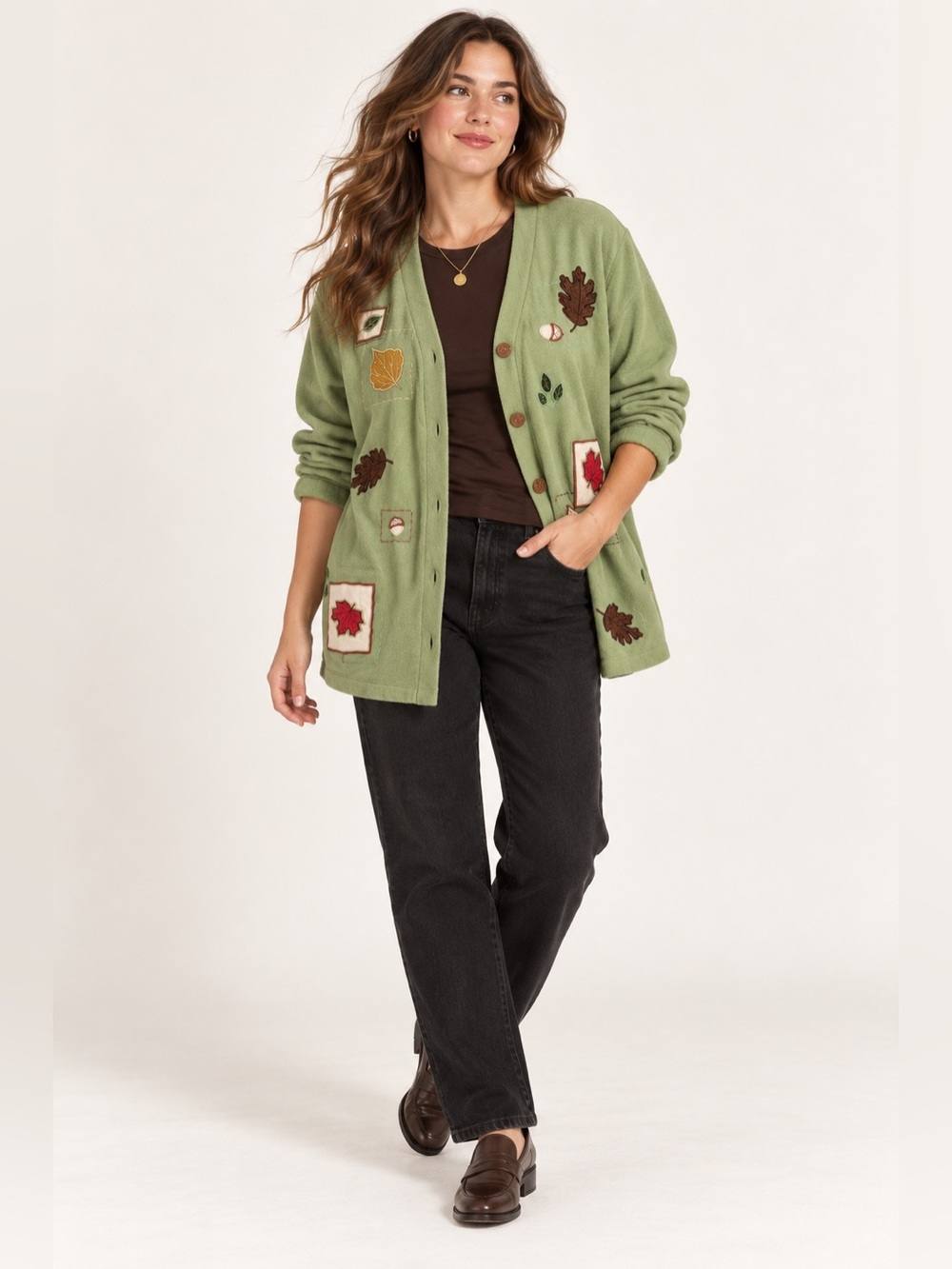 Fashion Bug Plus Size 26/28W Green Fall Leaf Applique Button Front Fleece Cardig
